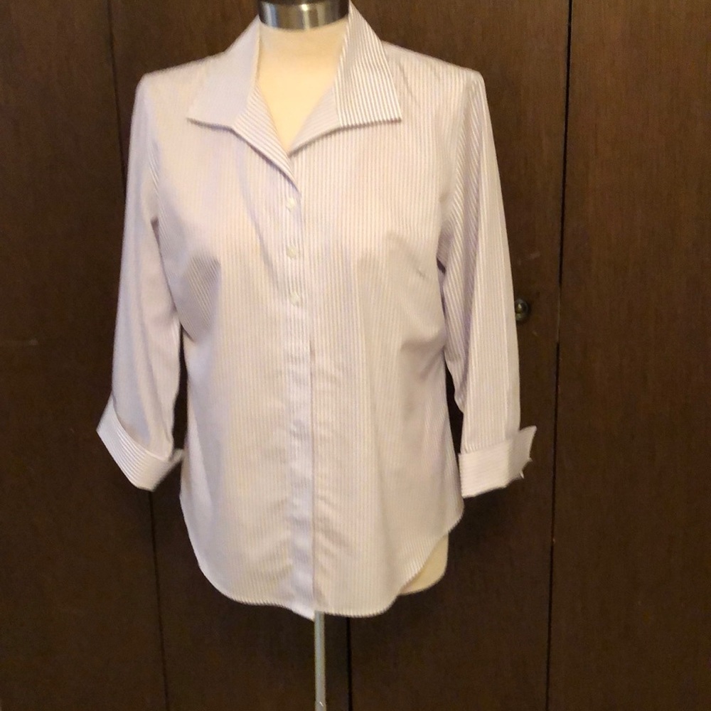 A light purple striped button down shirt.